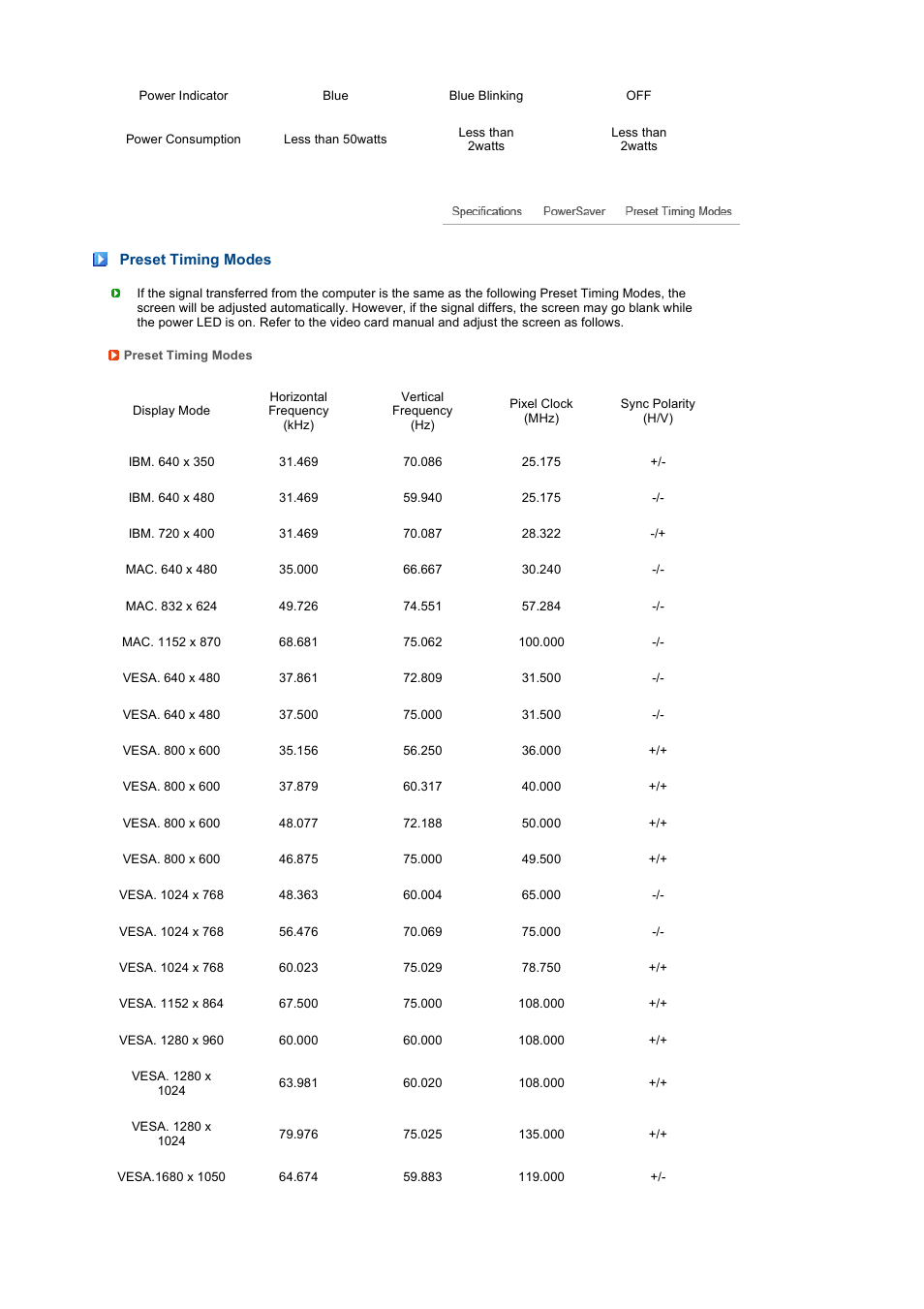 Preset timing modes | Samsung 225UW User Manual | Page 54 / 59