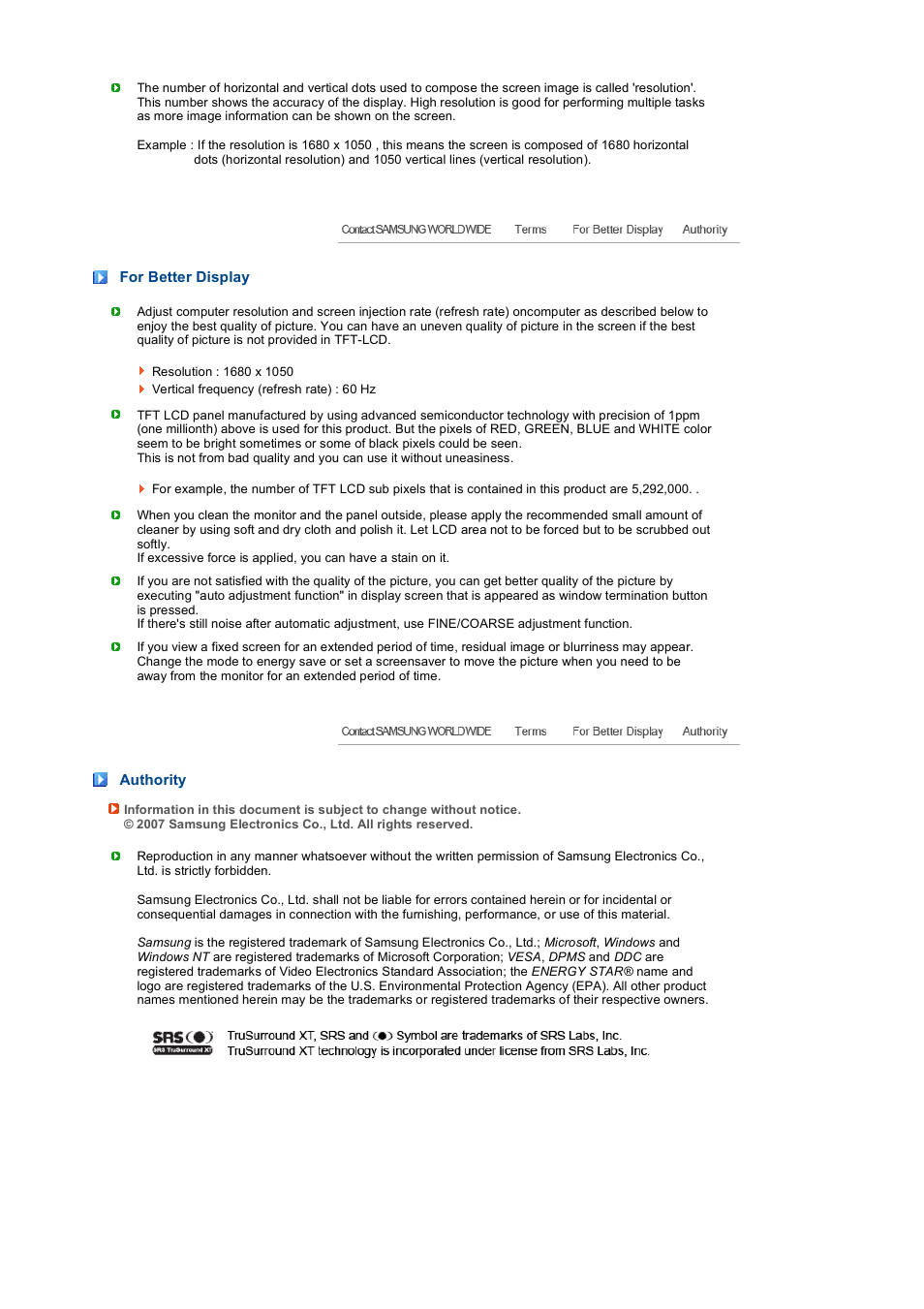 For better display, Authority | Samsung 225UW User Manual | Page 59 / 59