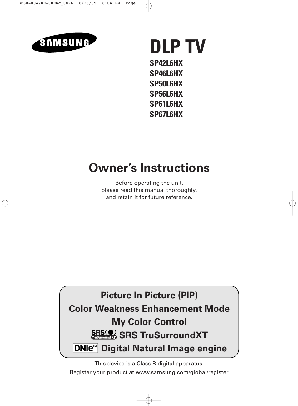 Samsung DLP TV SP46L6HX User Manual | 64 pages