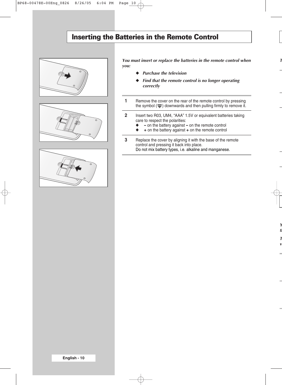 Inserting the batteries in the remote control | Samsung DLP TV SP46L6HX User Manual | Page 10 / 64