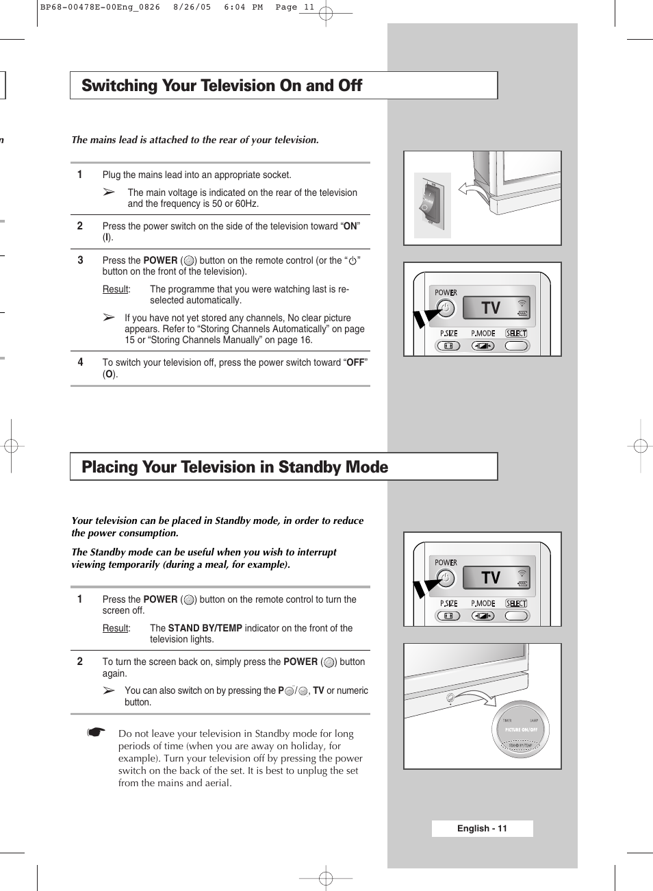 Switching your television on and off, Placing your television in standby mode, Switching your television on and off tv tv | Samsung DLP TV SP46L6HX User Manual | Page 11 / 64