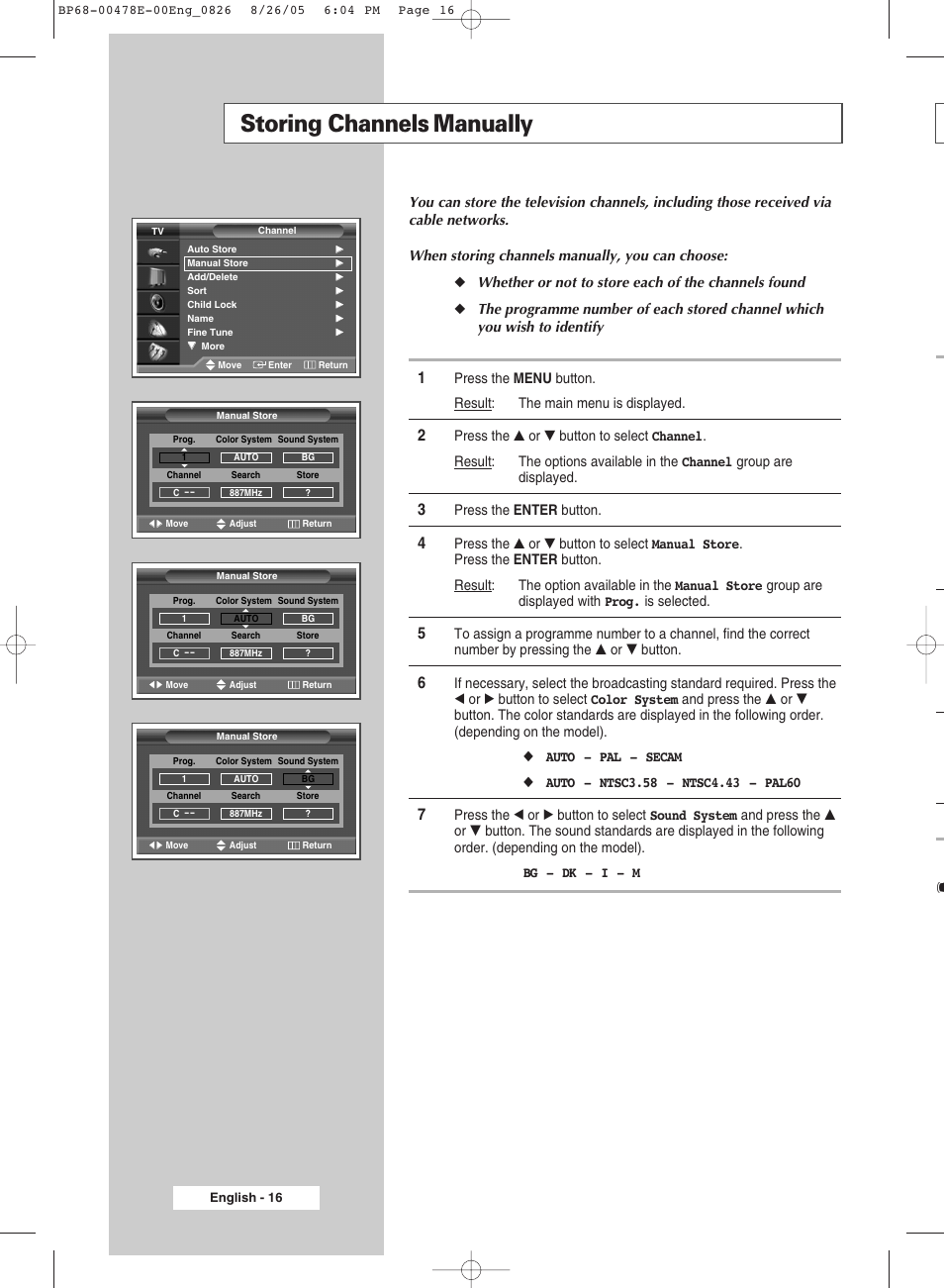 Storing channels manually | Samsung DLP TV SP46L6HX User Manual | Page 16 / 64