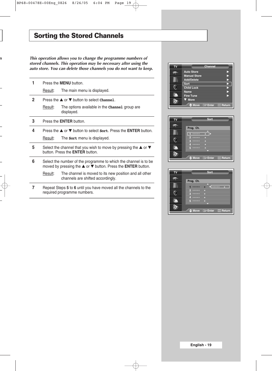 Sorting the stored channels | Samsung DLP TV SP46L6HX User Manual | Page 19 / 64