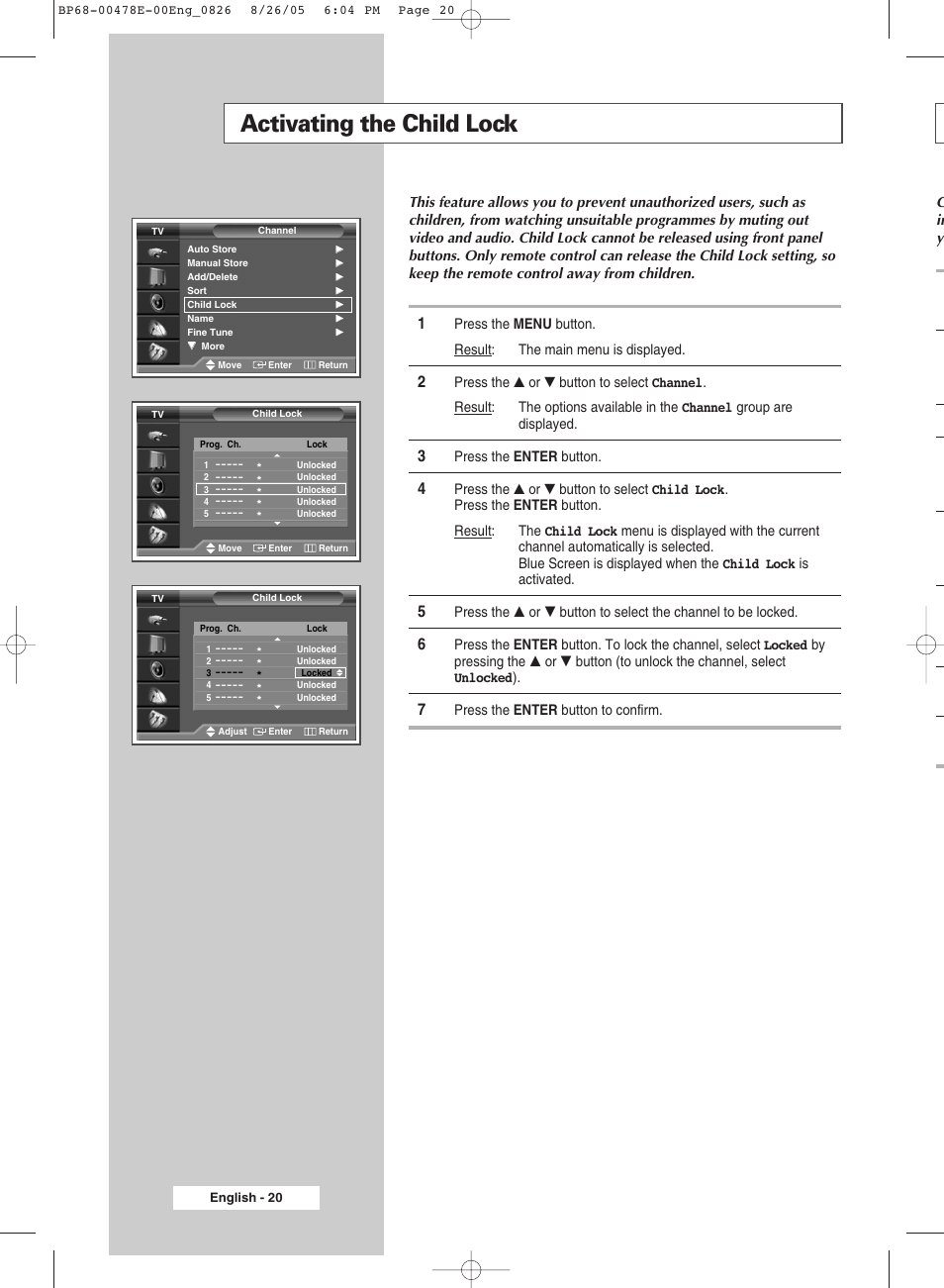 Activating the child lock | Samsung DLP TV SP46L6HX User Manual | Page 20 / 64