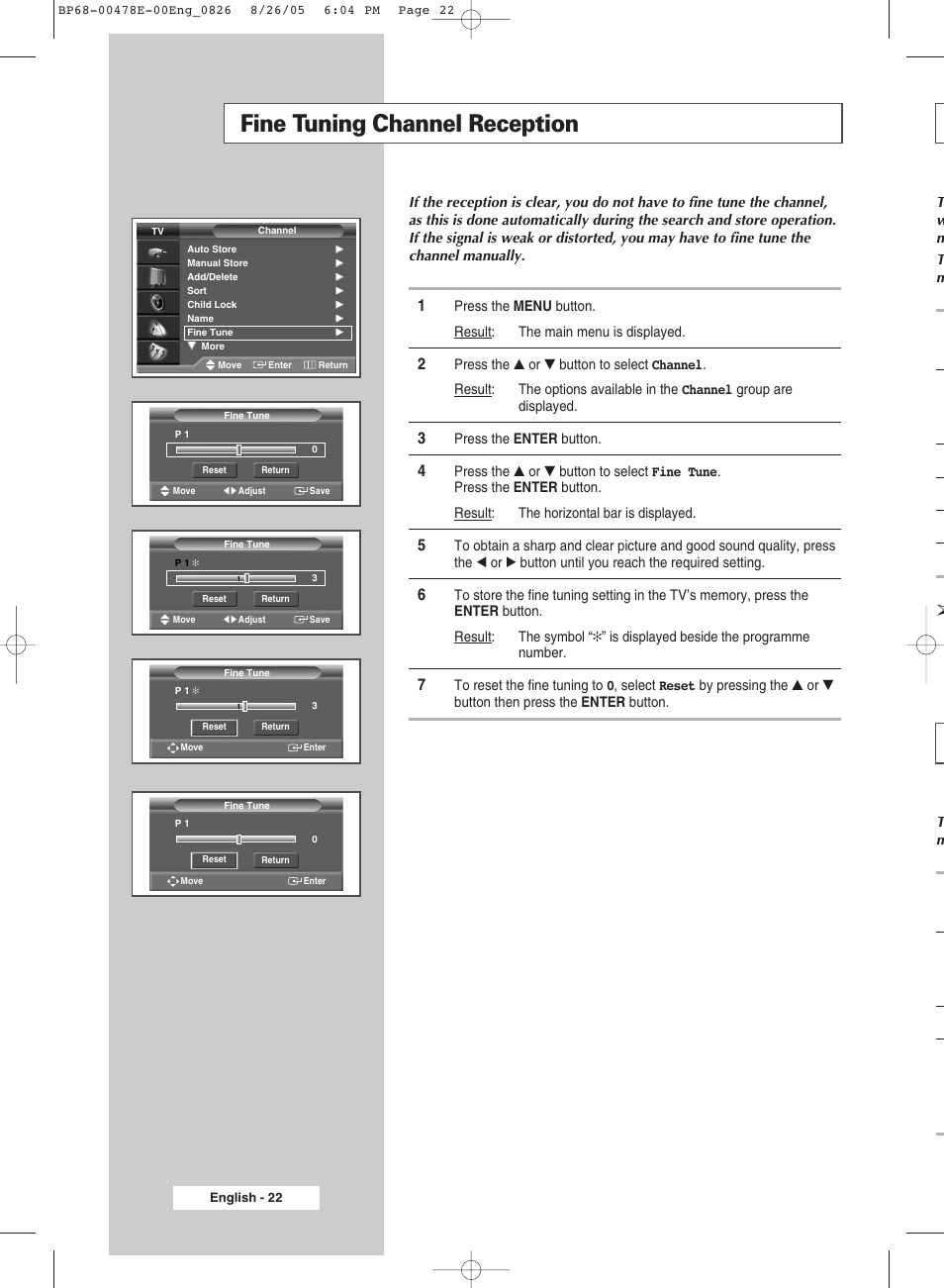 Fine tuning channel reception | Samsung DLP TV SP46L6HX User Manual | Page 22 / 64
