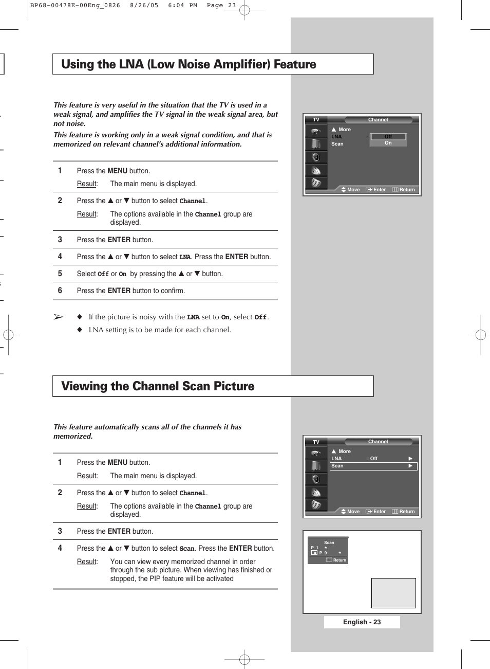 Using the lna(low noise amplifier) feature, Viewing the channel scan picture, Using the lna (low noise amplifier) feature | Samsung DLP TV SP46L6HX User Manual | Page 23 / 64