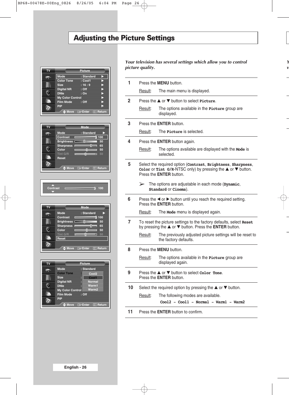 Adjusting the picture settings | Samsung DLP TV SP46L6HX User Manual | Page 26 / 64