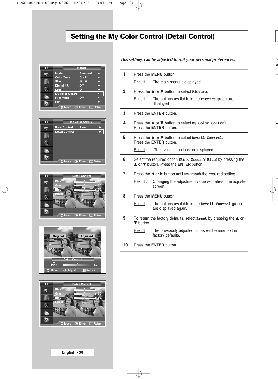 Setting the my color control(detail control), Setting the my color control (detail control) | Samsung DLP TV SP46L6HX User Manual | Page 30 / 64