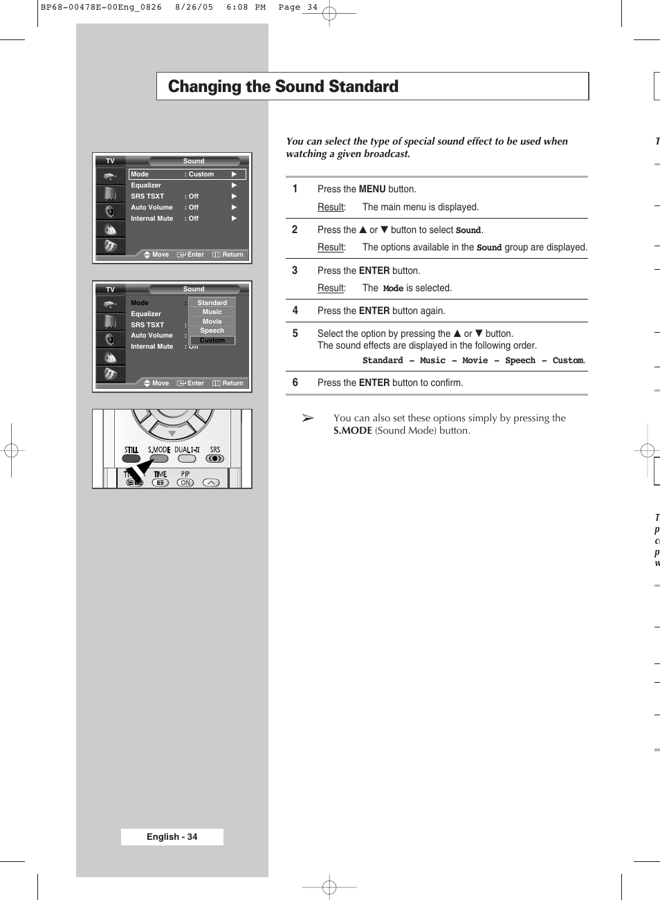 Changing the sound standard | Samsung DLP TV SP46L6HX User Manual | Page 34 / 64