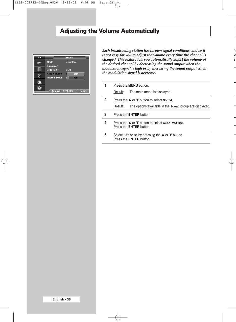 Adjusting the volume automatically | Samsung DLP TV SP46L6HX User Manual | Page 36 / 64