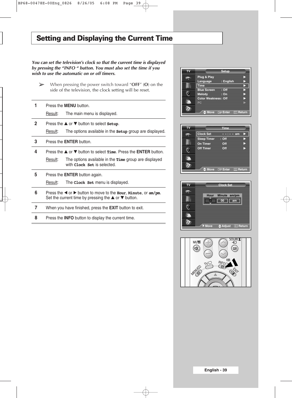 Setting and displaying the current time | Samsung DLP TV SP46L6HX User Manual | Page 39 / 64