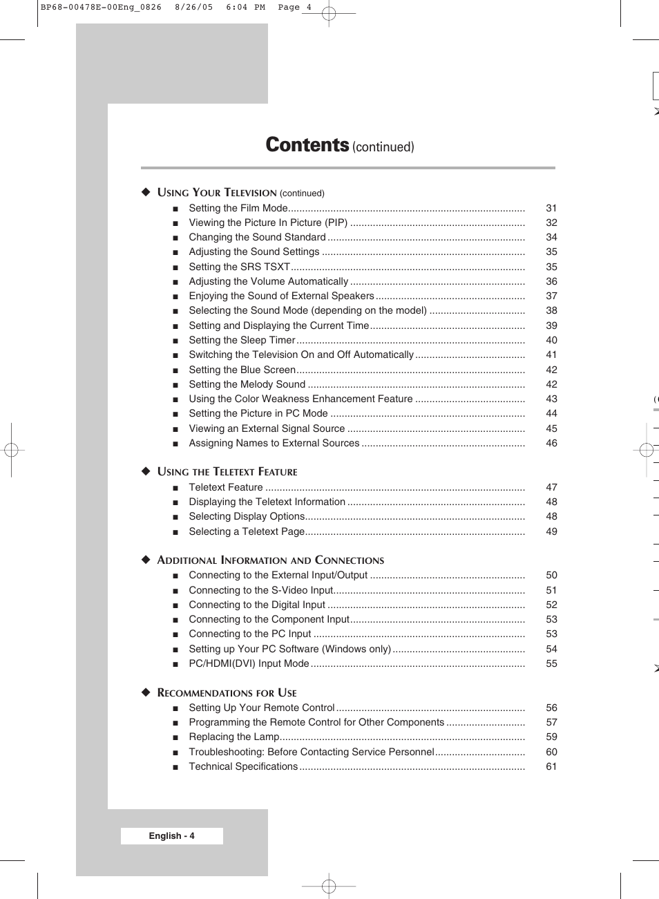 Samsung DLP TV SP46L6HX User Manual | Page 4 / 64