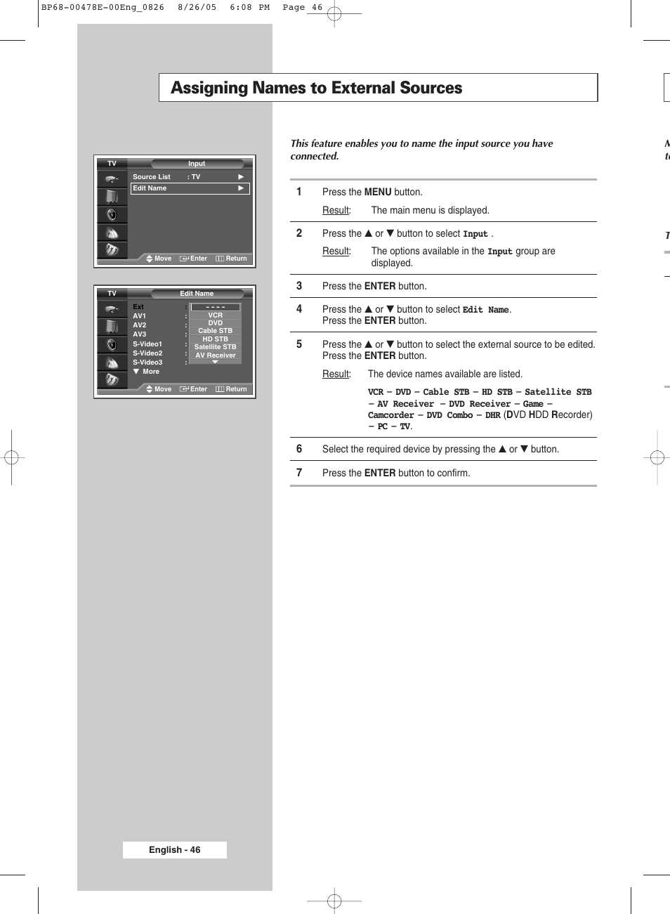 Assigning names to external sources | Samsung DLP TV SP46L6HX User Manual | Page 46 / 64