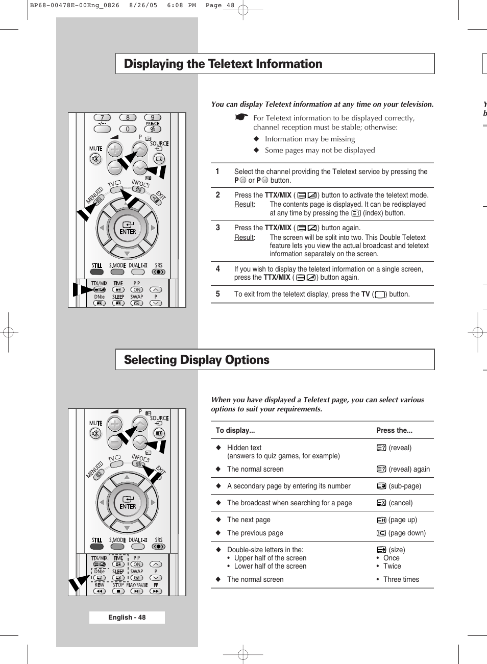 Displaying the teletext information, Selecting display options | Samsung DLP TV SP46L6HX User Manual | Page 48 / 64