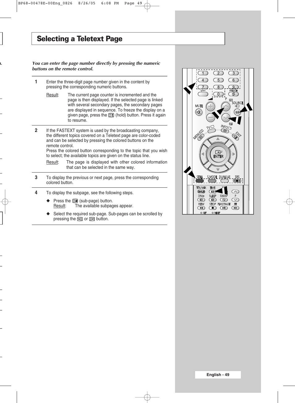 Selecting a teletext page | Samsung DLP TV SP46L6HX User Manual | Page 49 / 64