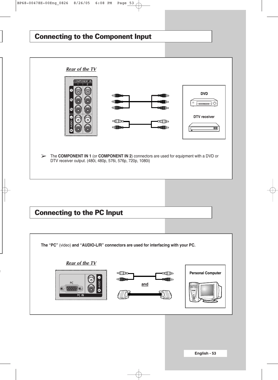 Connecting to the component input, Connecting to the pc input | Samsung DLP TV SP46L6HX User Manual | Page 53 / 64