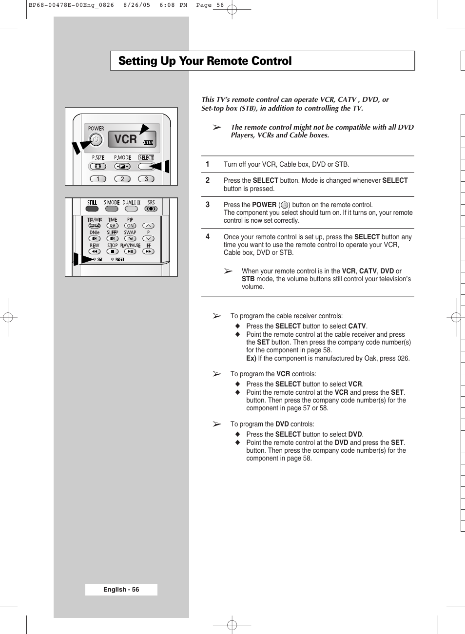 Recommendations for use, Setting up your remote control | Samsung DLP TV SP46L6HX User Manual | Page 56 / 64