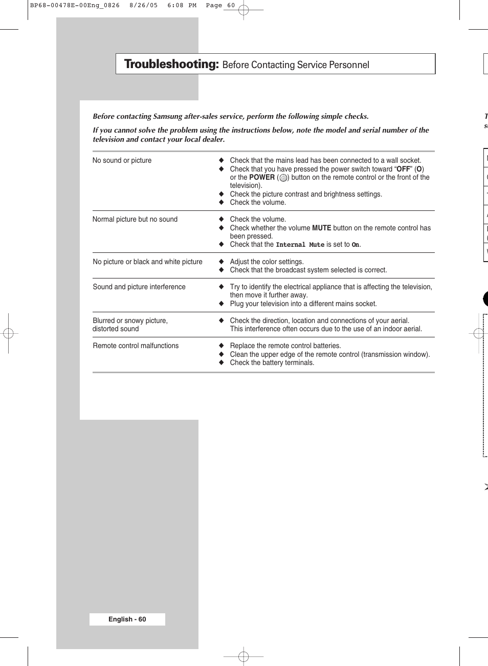 Troubleshooting, Before contacting service personnel | Samsung DLP TV SP46L6HX User Manual | Page 60 / 64