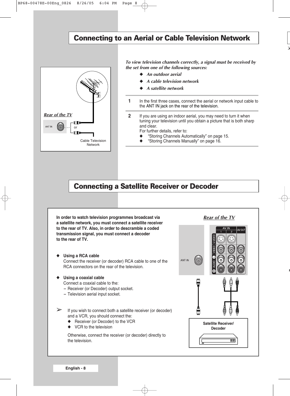 Connecting a satellite receiver or decoder | Samsung DLP TV SP46L6HX User Manual | Page 8 / 64