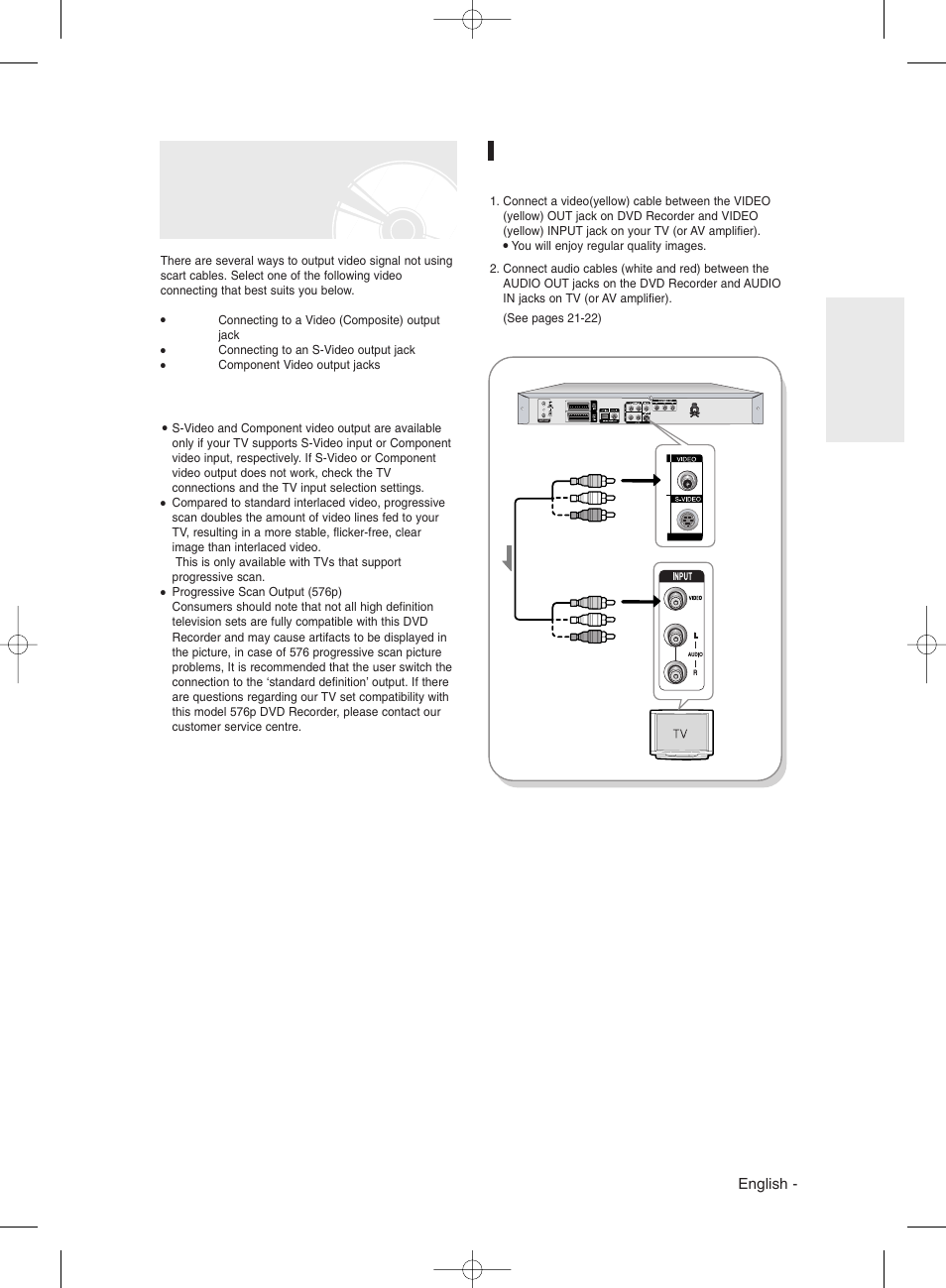 Other type of connecting the video output cable, English | Samsung DVDR131 User Manual | Page 19 / 93