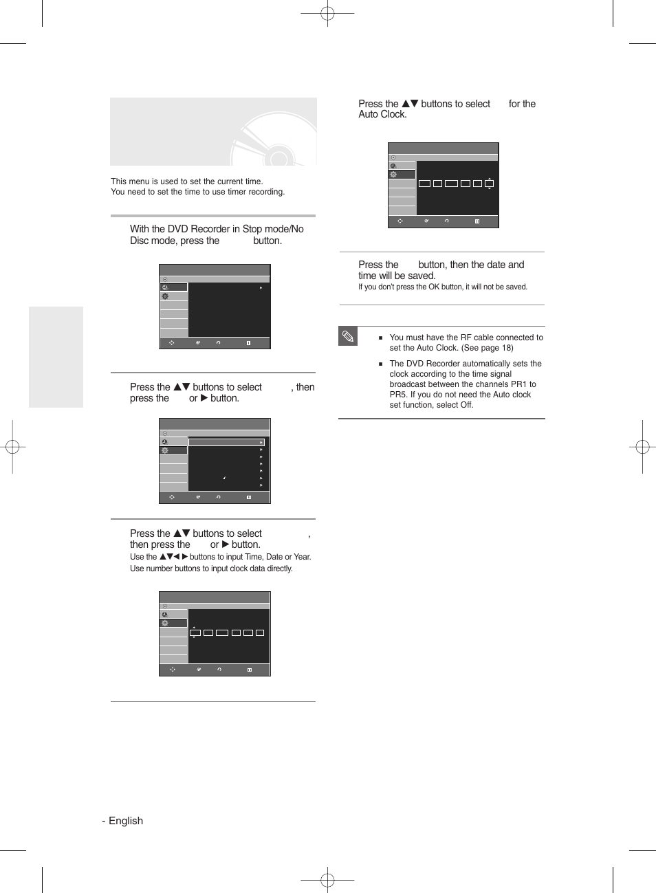 Setting the clock, English, System setup | Samsung DVDR131 User Manual | Page 26 / 93