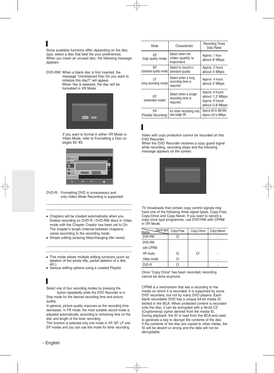 Recording formats, Recording mode, Unrecordable video | English, Concerning copy control signals | Samsung DVDR131 User Manual | Page 40 / 93