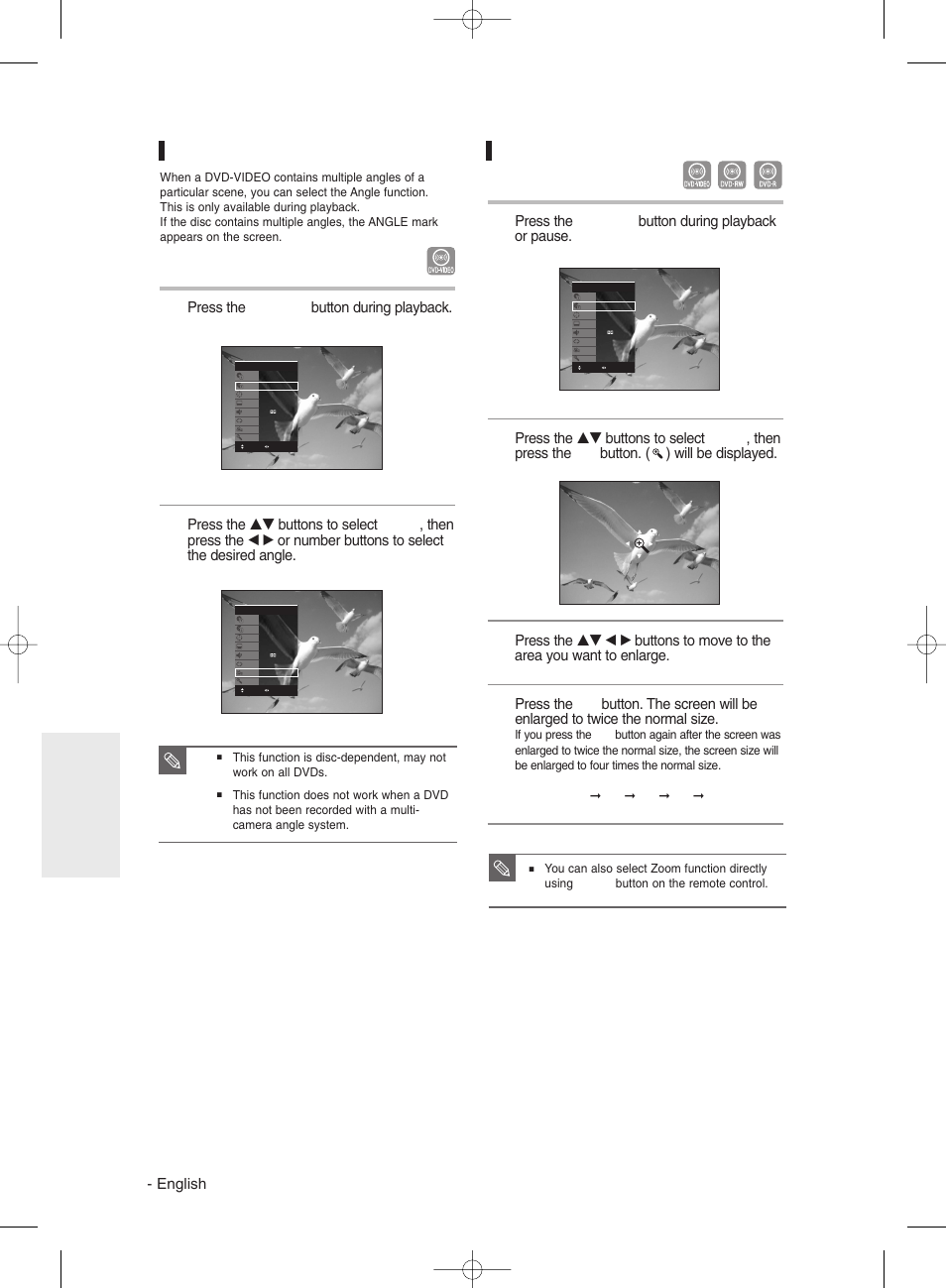 Changing the camera angle, Zooming-in, English | Press the anykey button during playback, Press the anykey button during playback or pause, Normal size | Samsung DVDR131 User Manual | Page 56 / 93