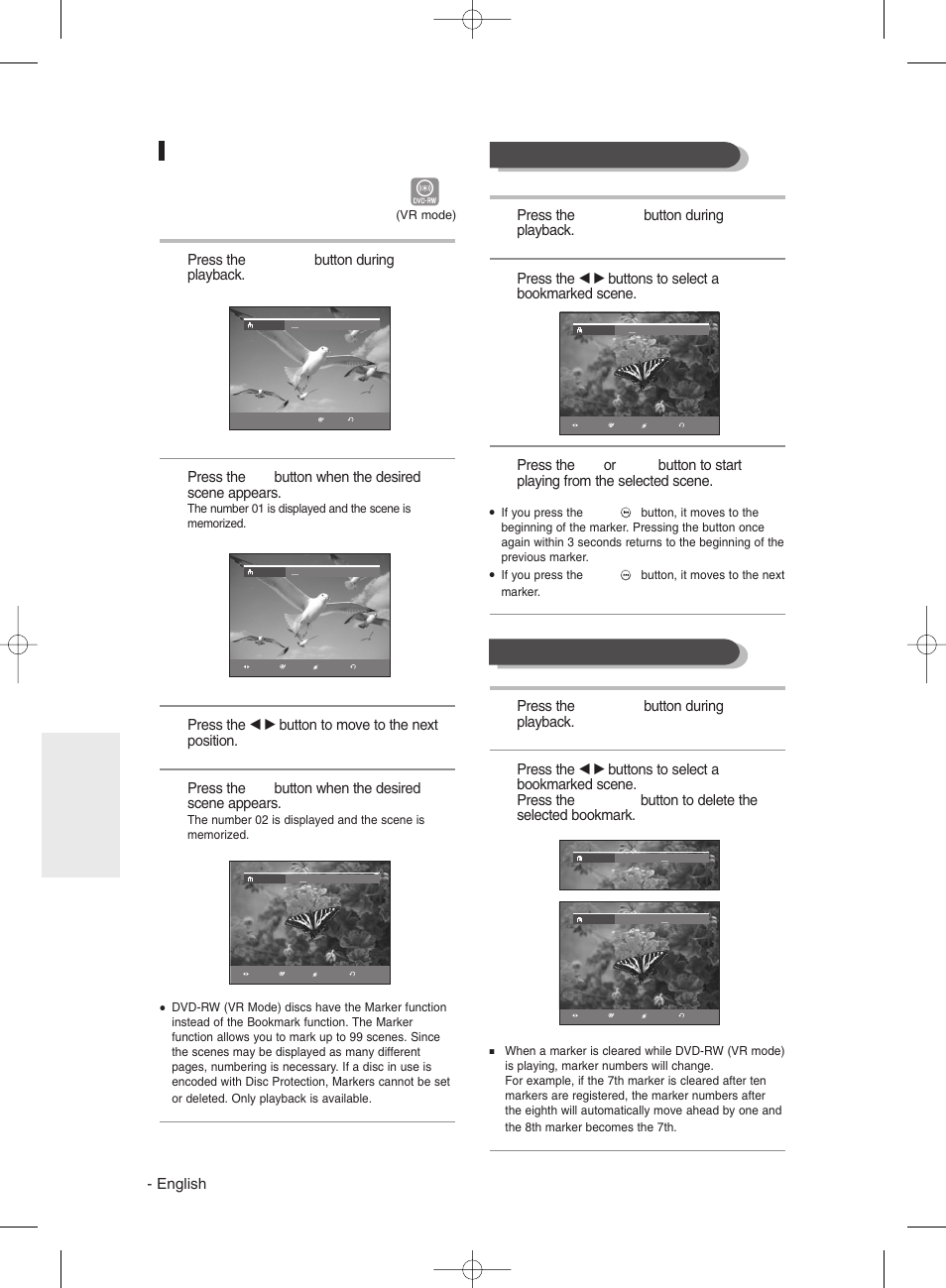 Using markers, Clearing a marker playing back a marker | Samsung DVDR131 User Manual | Page 58 / 93