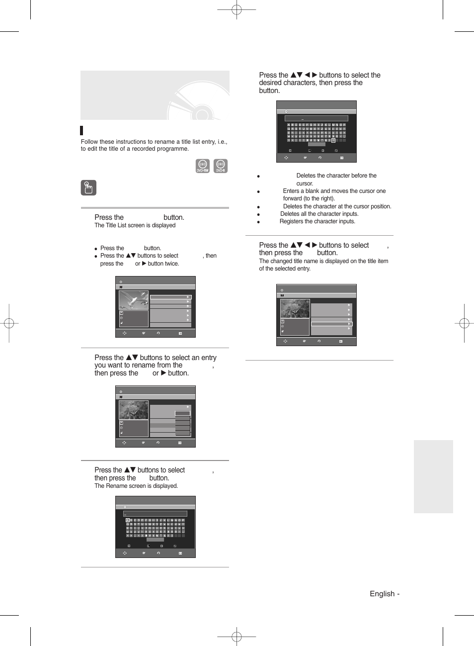 Basic editing (title list), Renaming(labeling) a title, Using the title list button | English, Press the title list button, Editing, Using the menu button | Samsung DVDR131 User Manual | Page 69 / 93