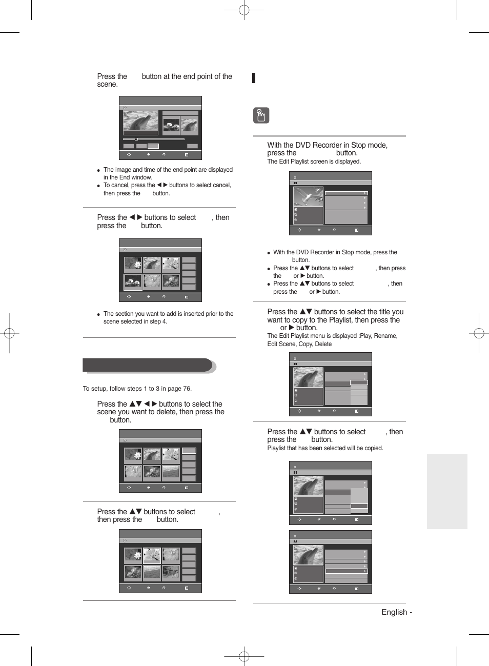 Copying a playlist entry to the playlist, Deleting a scene, Using the pla | Using the pla y y list button list button, Press the ok button at the end point of the scene, Editing, Using the menu button, The edit playlist screen is displayed, Playlist that has been selected will be copied | Samsung DVDR131 User Manual | Page 79 / 93