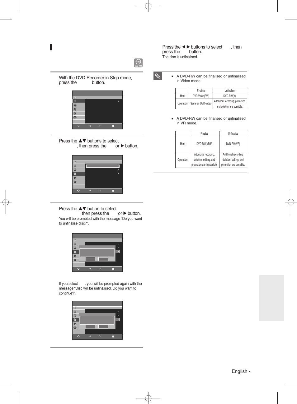 Unfinalising a disc (v/vr mode), English, Editing | Samsung DVDR131 User Manual | Page 85 / 93