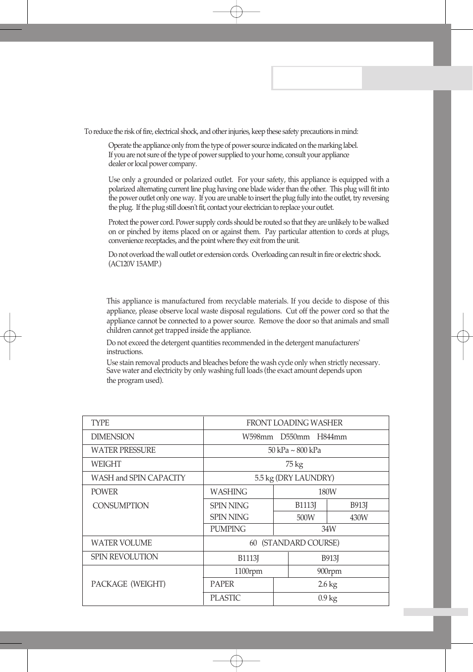 Appendix, Electrical warnings, Protecting the environment | Specification | Samsung B1113J User Manual | Page 21 / 23