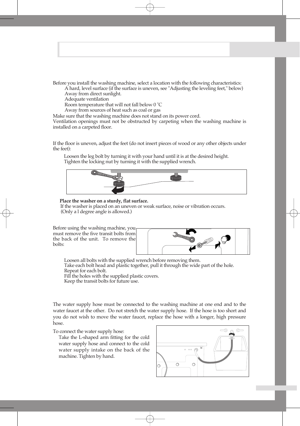 Installing the washing machine, Selecting a location, Adjusting the leveling feet | Removing the transit bolts, Connecting the water supply hose | Samsung B1113J User Manual | Page 7 / 23