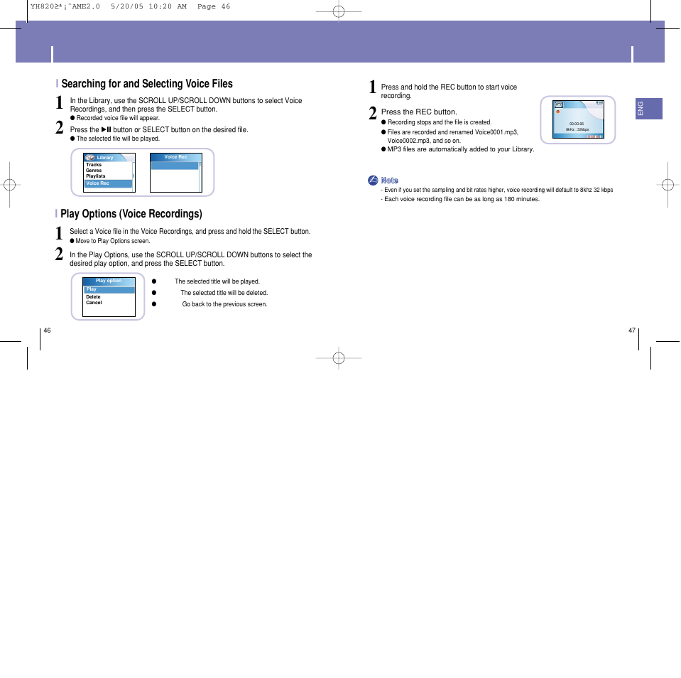 Recording voice, Browsing your music, Iplay options (voice recordings) | Isearching for and selecting voice files | Samsung YH-820 User Manual | Page 24 / 35