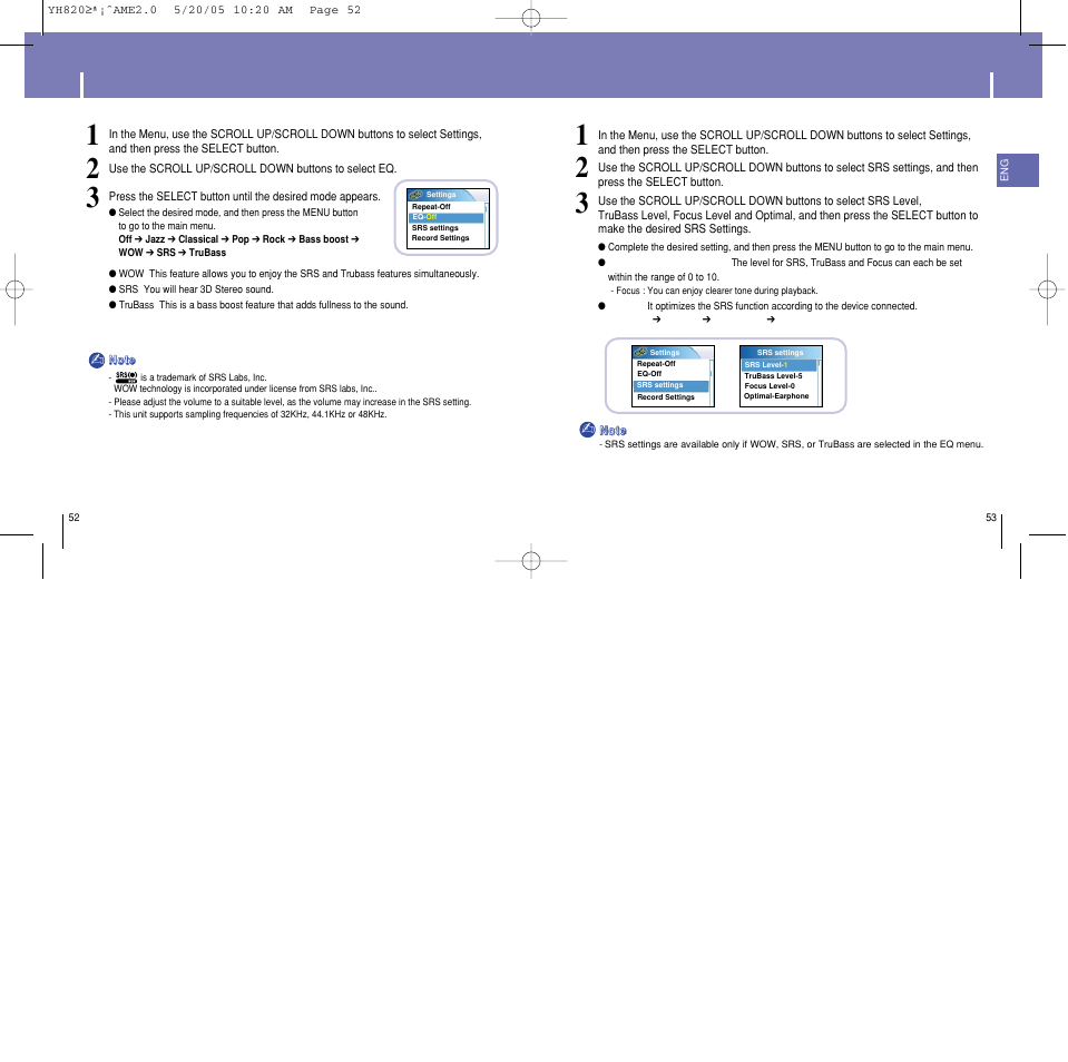 Equalizer settings, Srs settings | Samsung YH-820 User Manual | Page 27 / 35