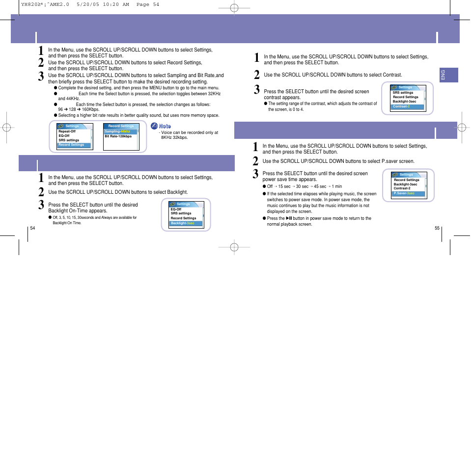 Recording settings, Backlight settings, Contrast settings | Power save screen settings, Power save screen settings recording settings | Samsung YH-820 User Manual | Page 28 / 35