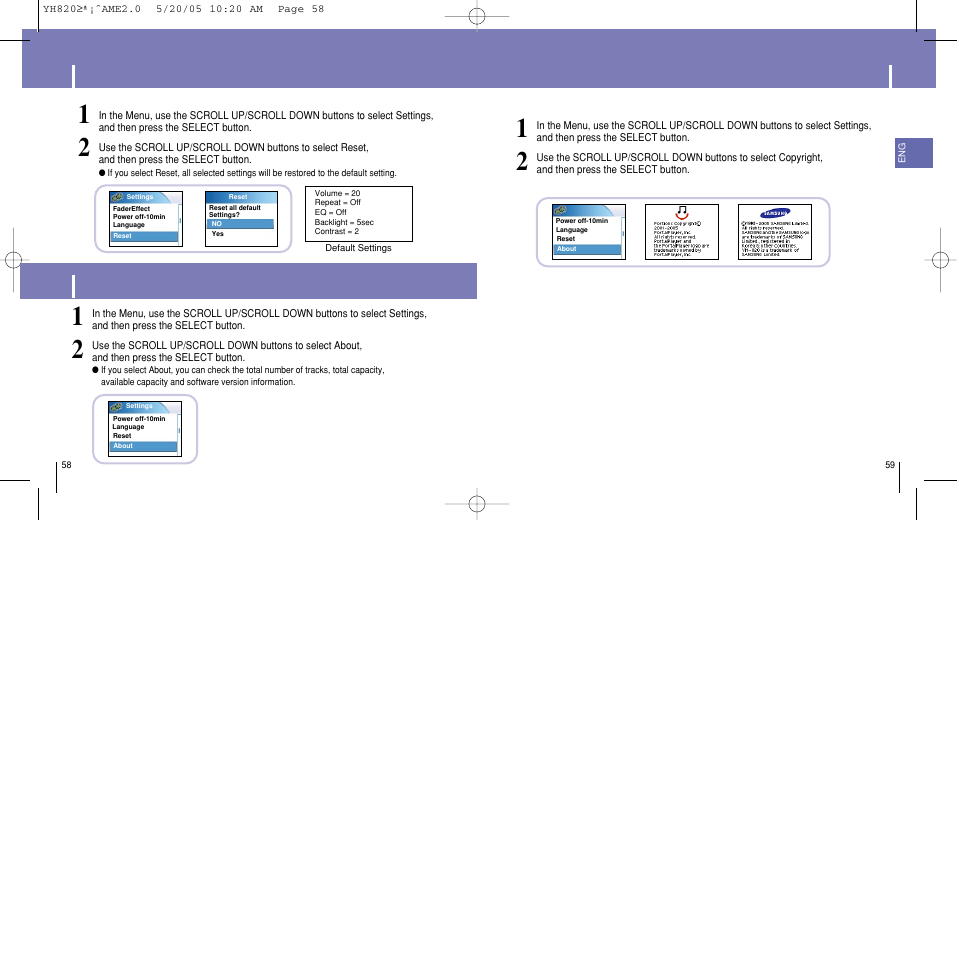 Restoring default settings, Player information, Copyright | Samsung YH-820 User Manual | Page 30 / 35