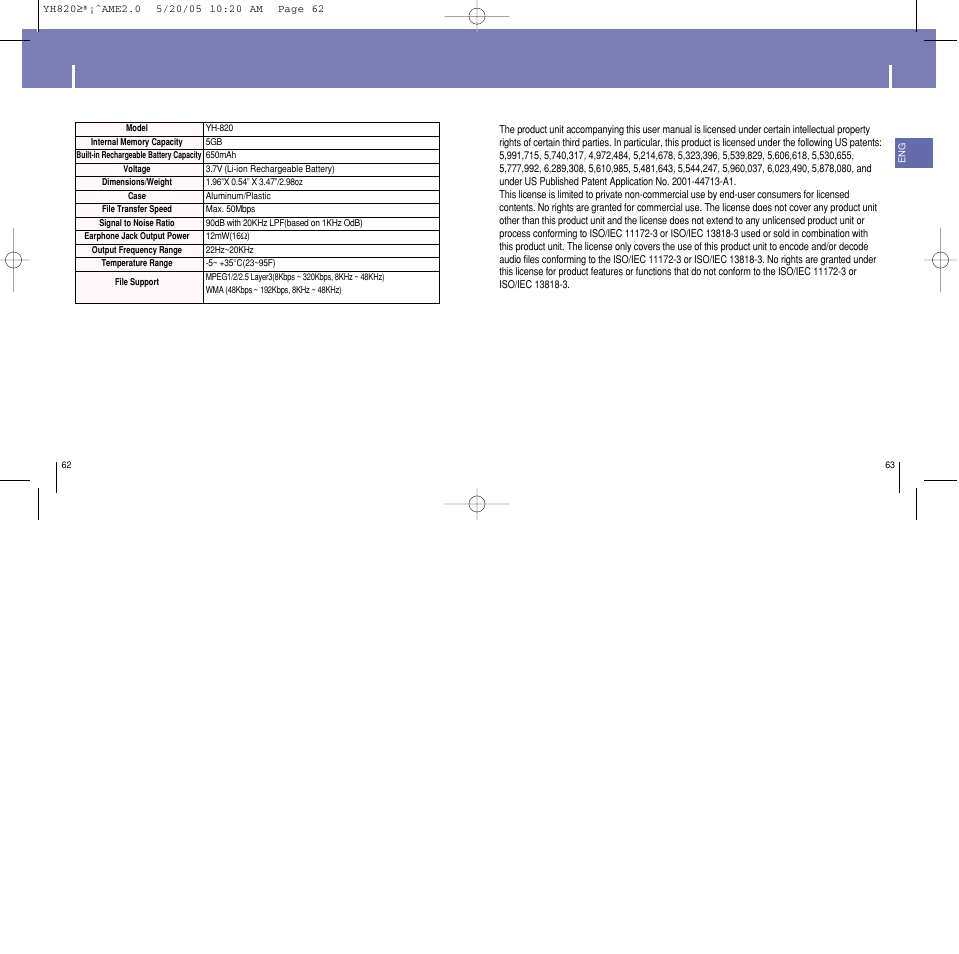 Specifications | Samsung YH-820 User Manual | Page 32 / 35