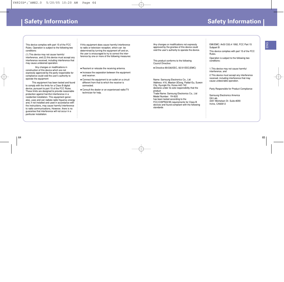 Safety information | Samsung YH-820 User Manual | Page 33 / 35