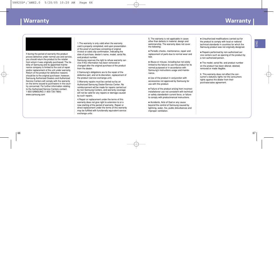 Warranty | Samsung YH-820 User Manual | Page 34 / 35