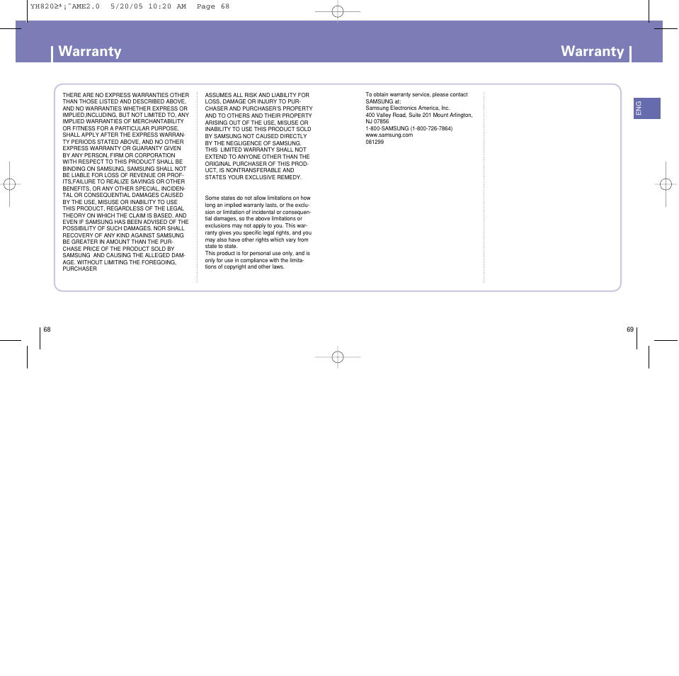 Warranty | Samsung YH-820 User Manual | Page 35 / 35