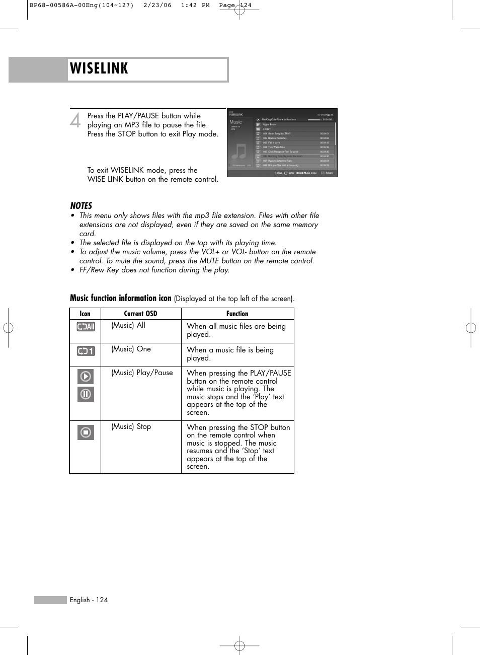 Wiselink, Music function information icon | Samsung HL-S6186W User Manual | Page 124 / 131