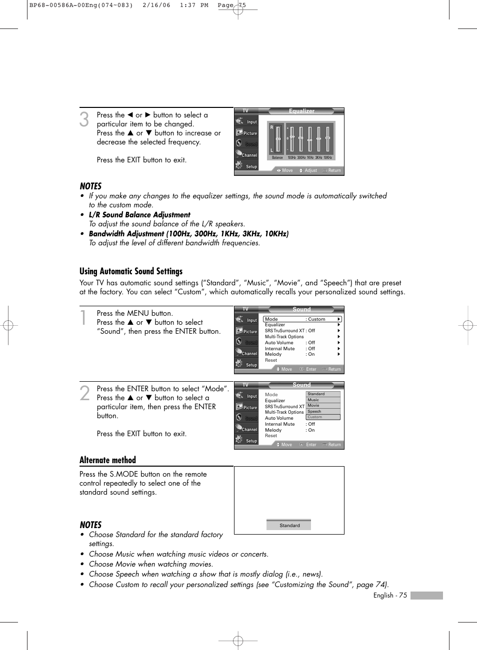 Using automatic sound settings, Alternate method | Samsung HL-S6186W User Manual | Page 75 / 131