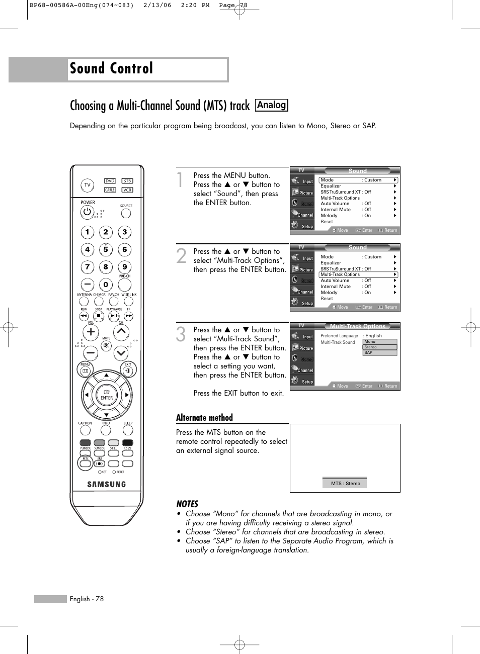 Sound control, Choosing a multi-channel sound (mts) track, Analog | Alternate method | Samsung HL-S6186W User Manual | Page 78 / 131