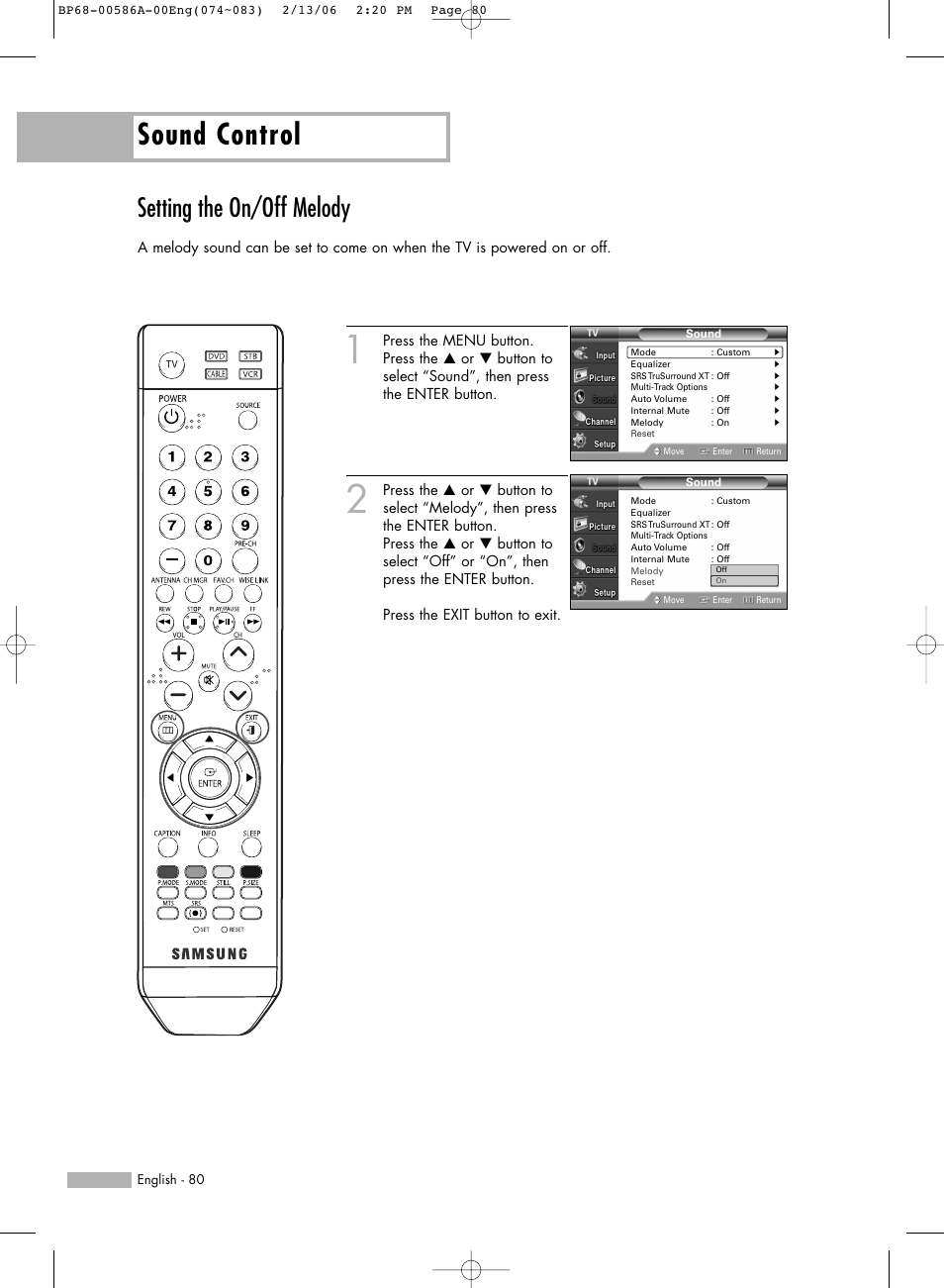 Setting the on/off melody, Sound control | Samsung HL-S6186W User Manual | Page 80 / 131