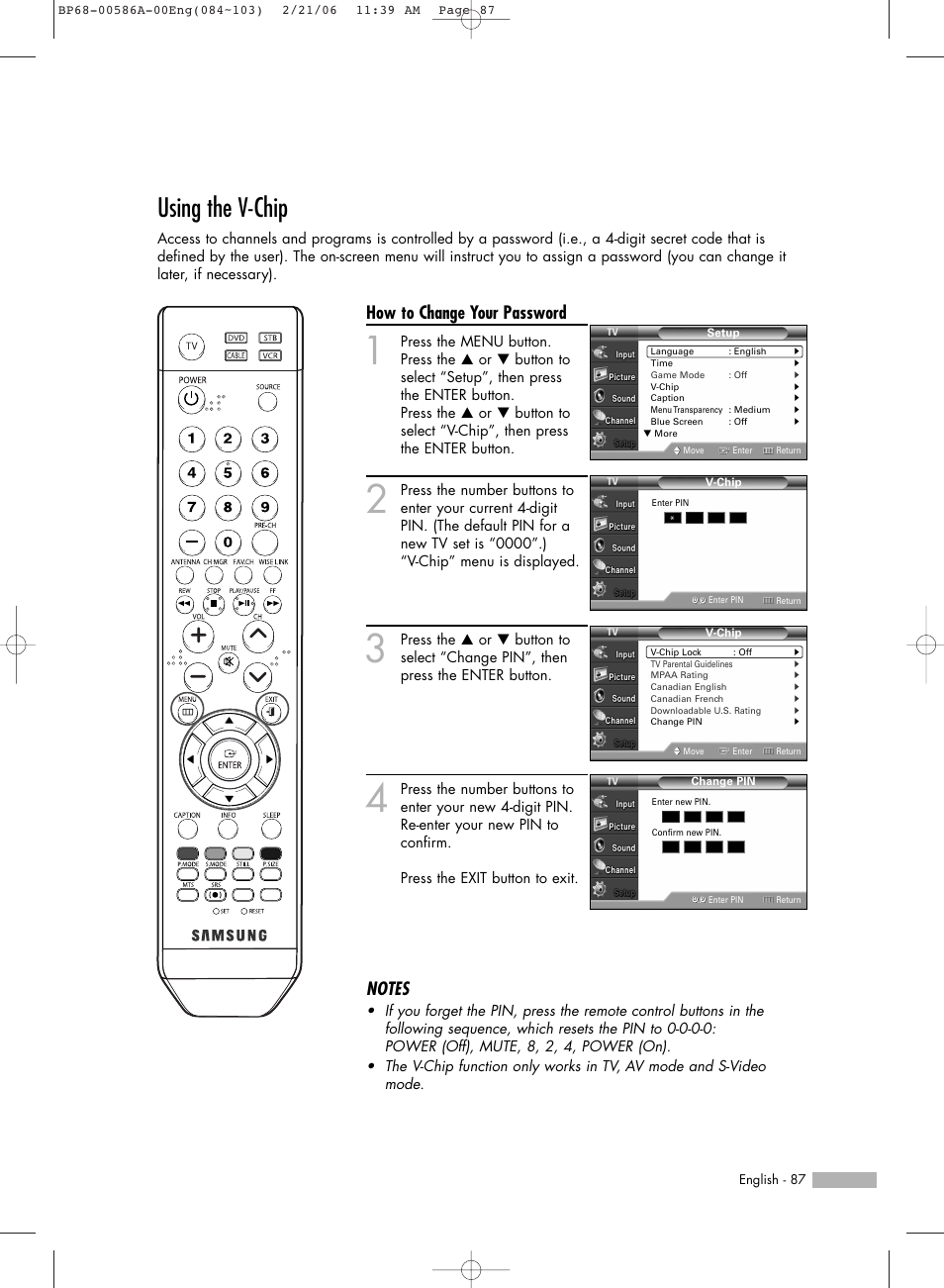 Using the v-chip, How to change your password | Samsung HL-S6186W User Manual | Page 87 / 131