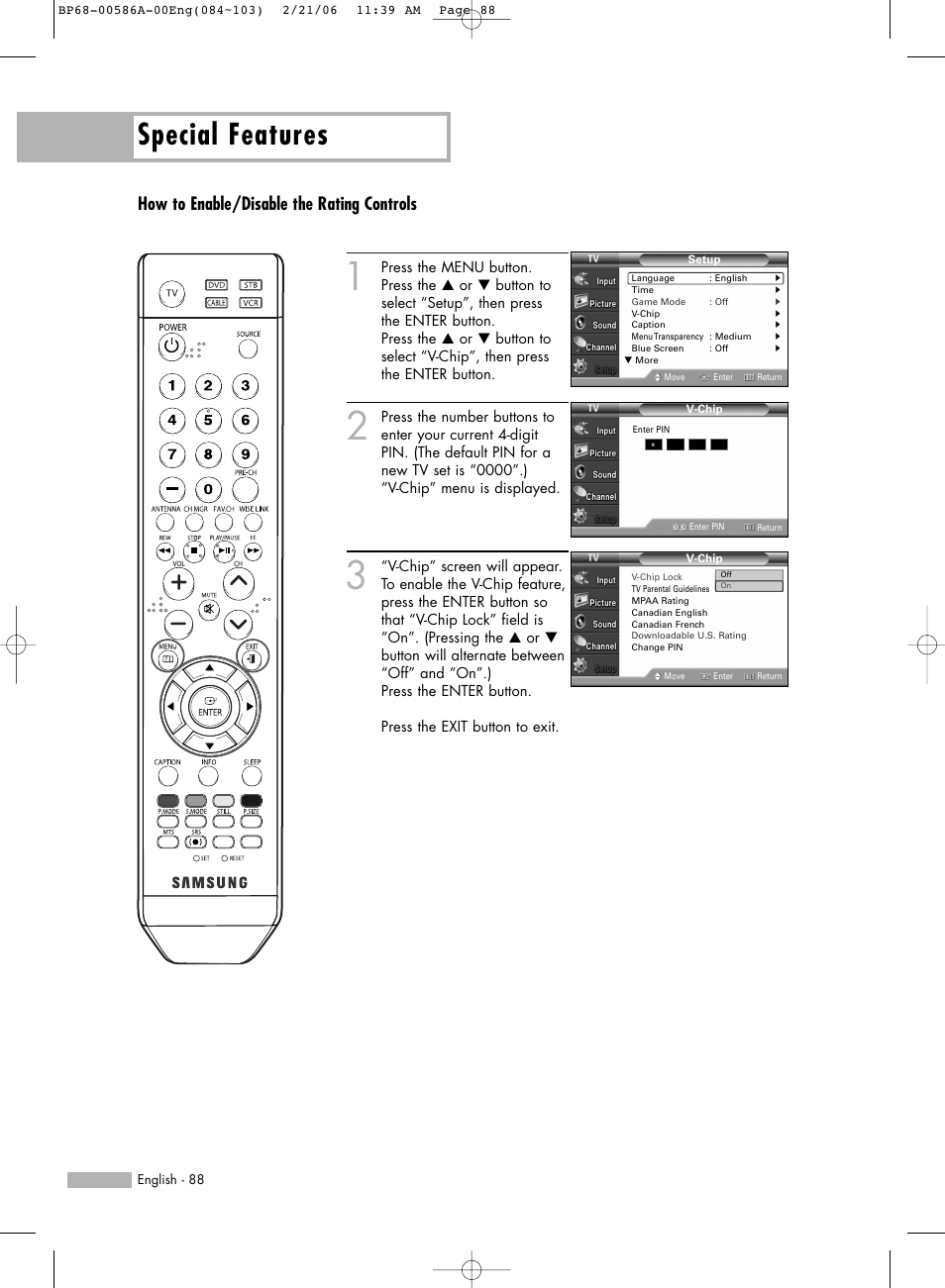 Special features, How to enable/disable the rating controls | Samsung HL-S6186W User Manual | Page 88 / 131