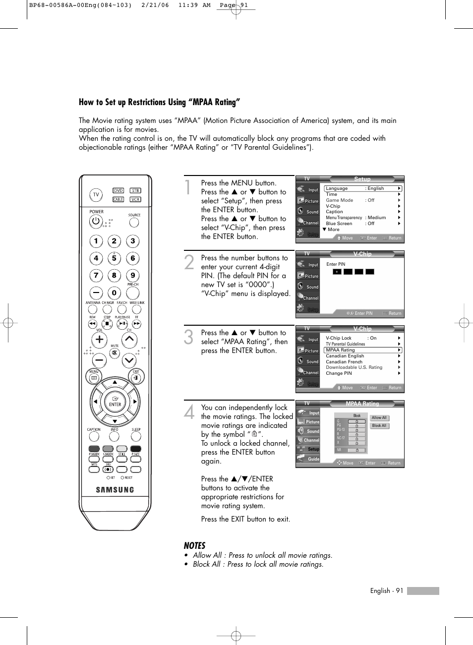 How to set up restrictions using “mpaa rating | Samsung HL-S6186W User Manual | Page 91 / 131