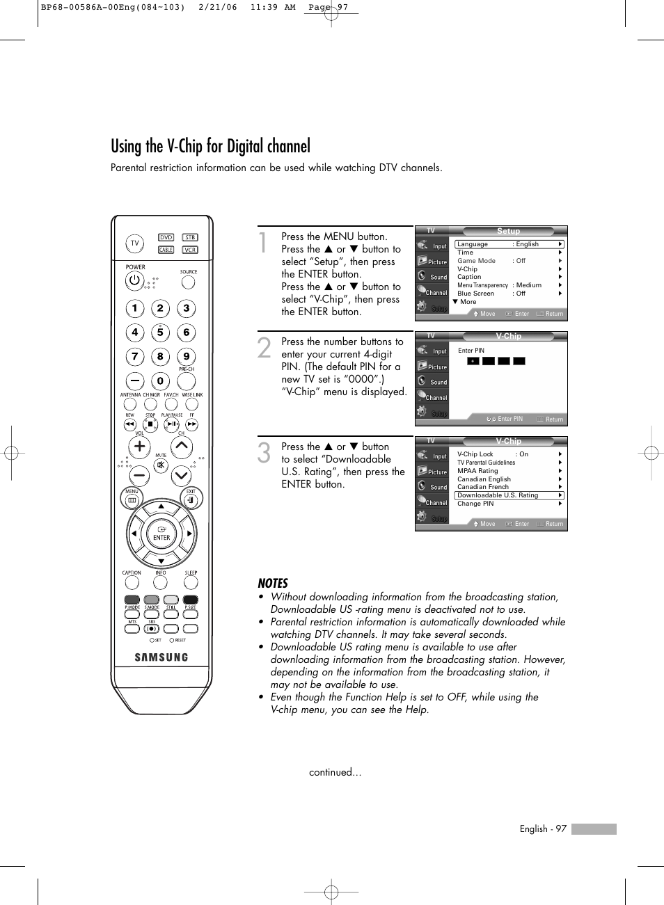 Using the v-chip for digital channel | Samsung HL-S6186W User Manual | Page 97 / 131