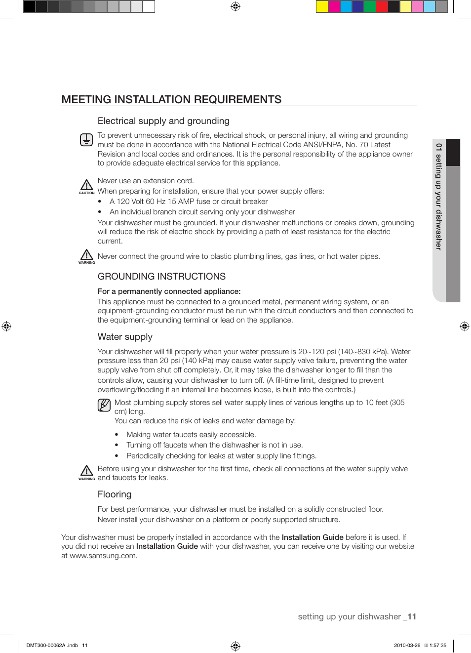 Meeting installation requirements, Electrical supply and grounding, Grounding instructions | Water supply, Flooring | Samsung DMT300 Series User Manual | Page 11 / 30